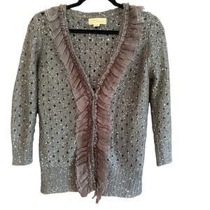 PROJECT ALABAMA | Gray Lightweight Sequin Ruffle Trim Open Knit Cardigan | Small